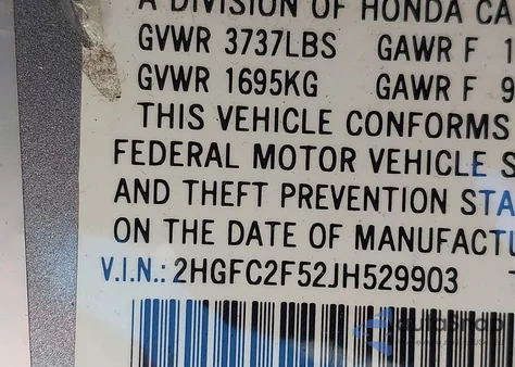 2018 Honda Civic Lx from USA, damaged, VIN 2HGFC2F52JH529903